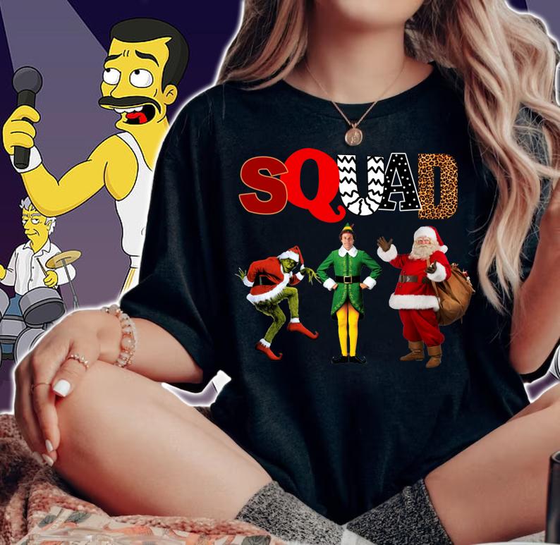 Funny Squad Grinch Elf and Santa Claus Christmas t-shirt woman shirt