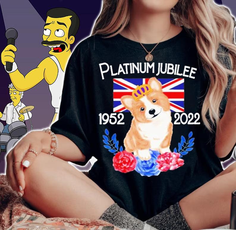 Queen Elizabeth's Platinum Jubilee Party Outfit 1952-2022 Union Jack Flag Corgi Shirt t-shirt woman shirt