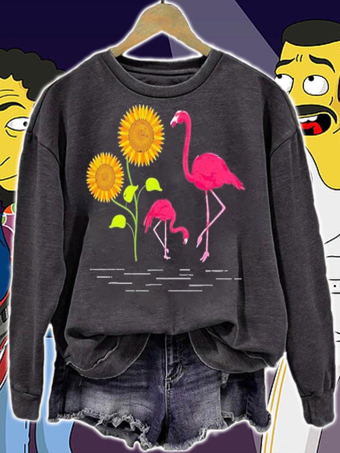 Yellow Flower Tropical Bird Animal Sunflower Pink Flamingo T-Shirt sweatshirt