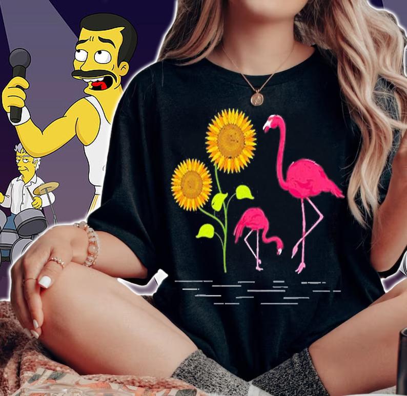 Yellow Flower Tropical Bird Animal Sunflower Pink Flamingo T-Shirt woman shirt