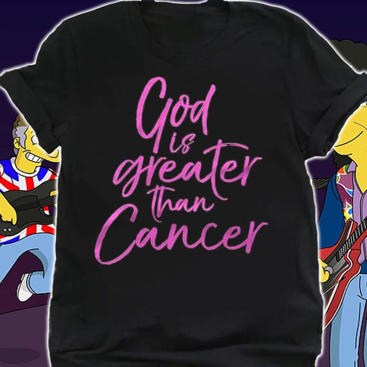 Womens Pink Christian Breast Cancer Gift God Is Greater Than Cancer Shirt