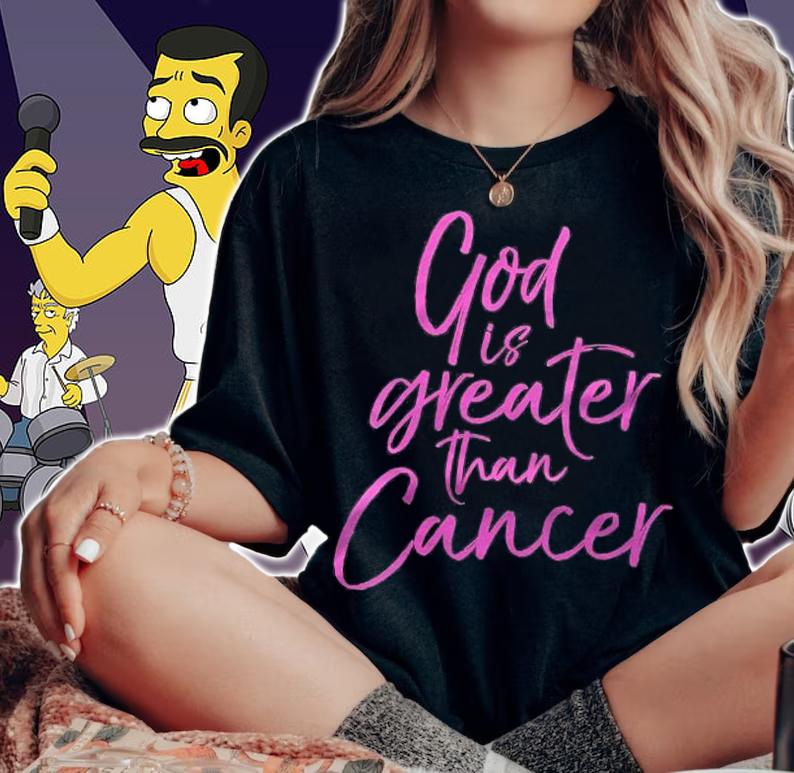 Womens Pink Christian Breast Cancer Gift God Is Greater Than Cancer Shirt