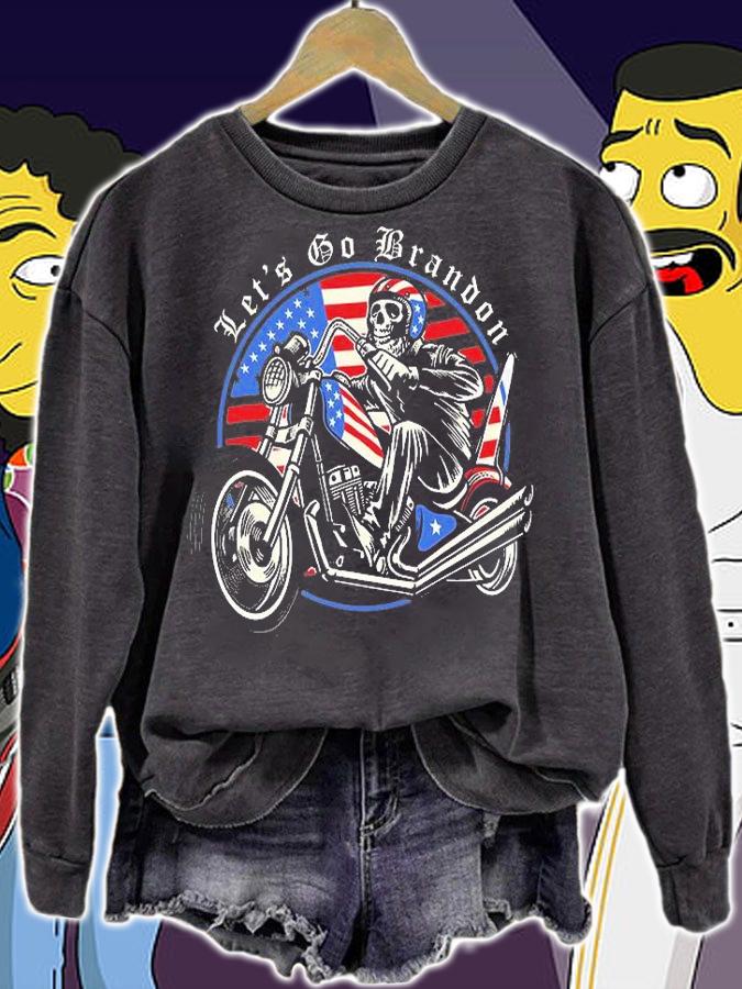 Skeleton American Biker USA Flag Lets Go Branson Tee Brandon T-Shirt
