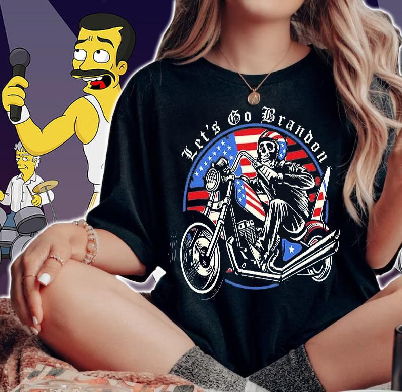 Skeleton American Biker USA Flag Lets Go Branson Tee Brandon T-Shirt