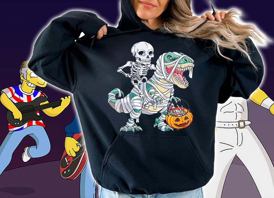 Halloween Skeleton riding mummy Dinosaur T-shirt
