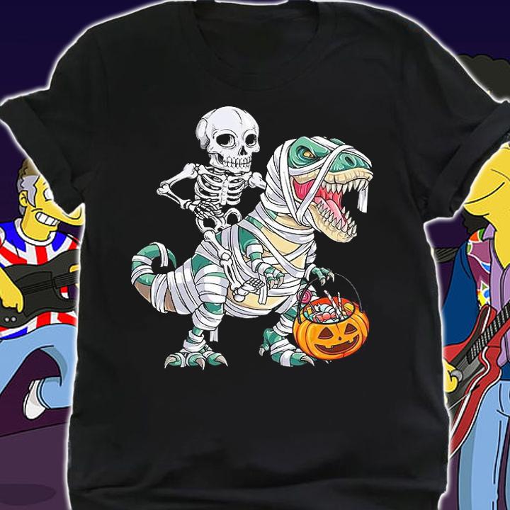 Halloween Skeleton riding mummy Dinosaur T-shirt