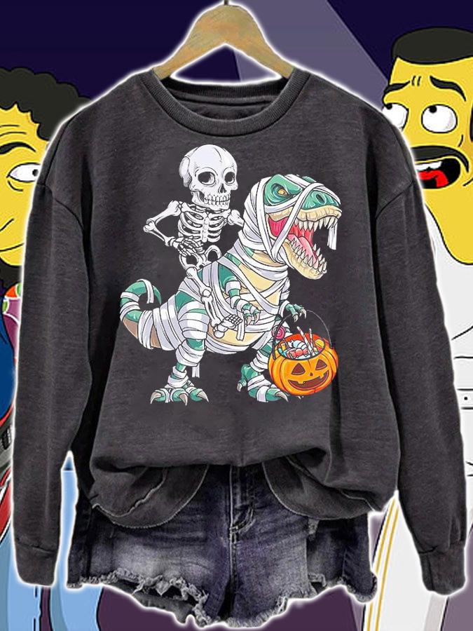 Halloween Skeleton riding mummy Dinosaur T-shirt