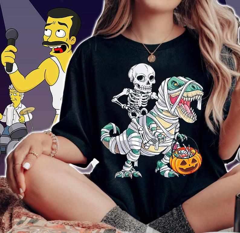 Halloween Skeleton riding mummy Dinosaur T-shirt
