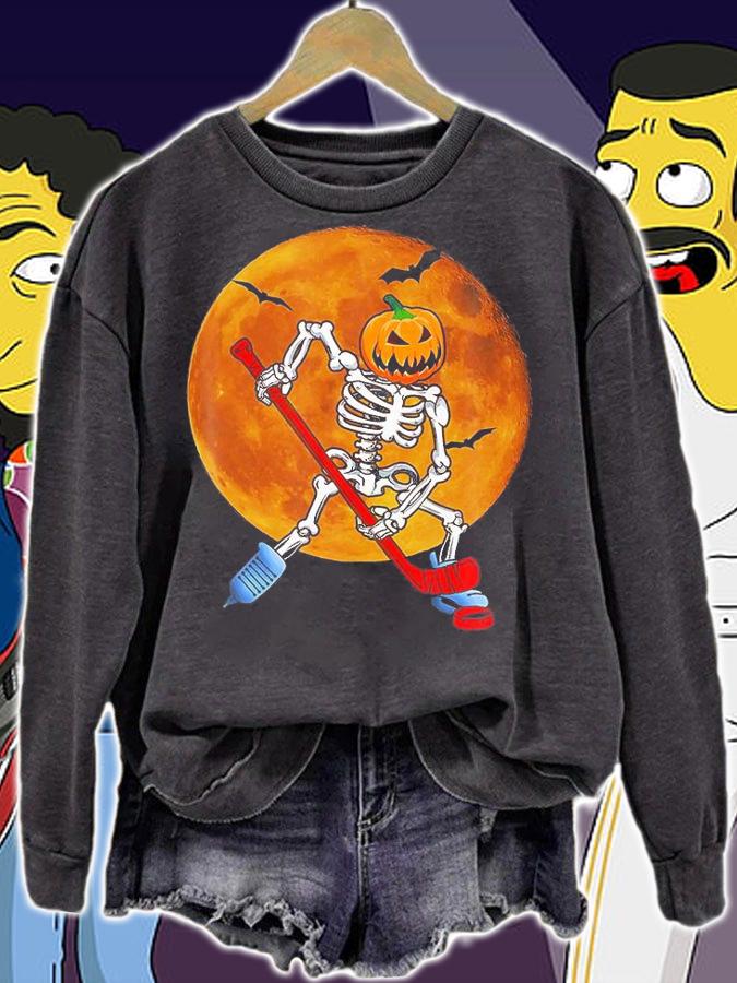 Pumpkin Skeleton Ice Hockey Halloween Hockey T-Shirt sweatshirt