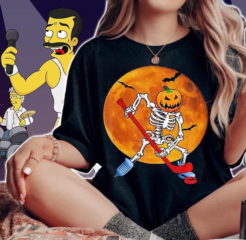 Pumpkin Skeleton Ice Hockey Halloween Hockey T-Shirt woman shirt