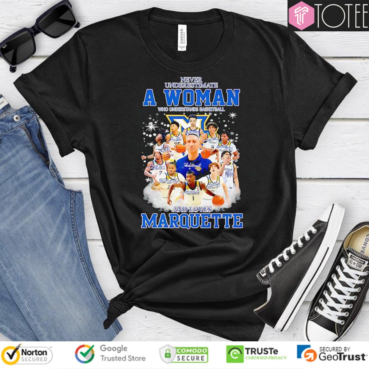 Never Underestimate A Woman Who Loves Marquette Basketball Coach & Players T-Shirt